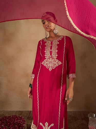Image of INDO ERA Women's Silk Blend Kurta and Pant with Dupatta Set