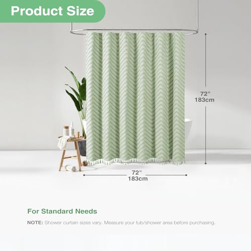 Dynamene Boho Farmhouse Shower Curtain, Sage Green Fabric Tufted Chevron Striped Textured Tassel Shower Curtains for Bathroom, Water Repellent, Minimalist Cloth Shower Curtain Set with Hook, 72x72 by Dynamene - Used condition - Image 4