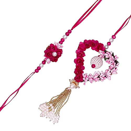 Image of eCraftIndia Boy's Golden & White Beads, Pearl, Diamond Designer Bhaiya Bhabhi Rakhis With Roli Chawal