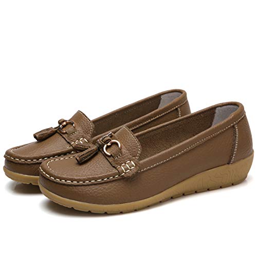 Image of Women Loafers Leather Rubber Sole Slip On Walking Flats Casual Moccasin Boat Shoes