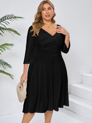 Image of Plus Size Dresses for Women A-Line V-Neck Swing Flowy 3 /4 Sleeve | 3 /4 sleeve,v neck,pockets,casual,cocktail,wedding,holiday,home,work,date party,vacation,outdoor