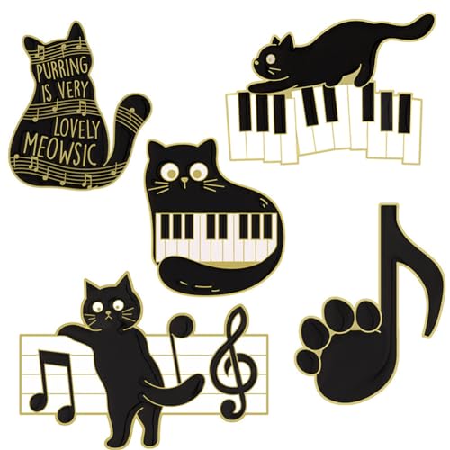Image of Black Cat Enamel Pins Cartoon Cute Animal Enamel Brooch Pins Set for Women Men Purring Is Very Lovely Meowsic Alloy Cat Enamel Brooch Piano Paw Pins for Jackets Hats Decoration
