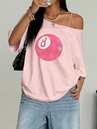 Image of SXV STYLE Women's Off Shoulder T-Shirt, Pink Billiard Ball 8 Print, Casual Loose Fit Top, Half Sleeve