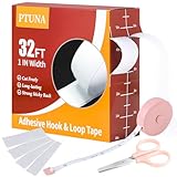 PTUNA 32Ft *1 Inch Hook and Loop Tape with Adhesive Back, Heavy Duty Double Sided Adhesive Strips, Strong Sticky Strips Roll for Home/Office/School/Car, White