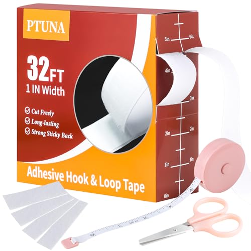 PTUNA 32Ft *1 Inch Hook and Loop Tape with Adhesive Back,White