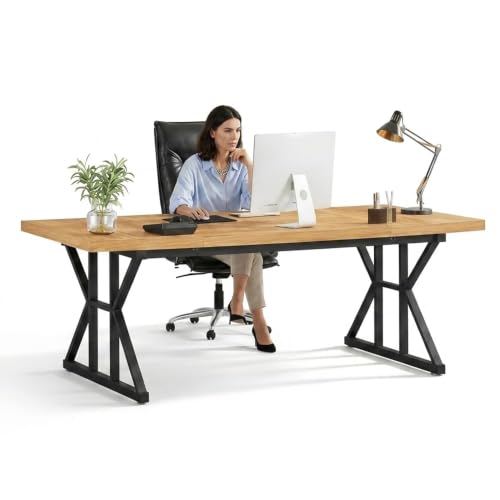 Image of Executive Computer Work Desk, Wooden Office Table for Home, Office, Workstation, Study, Strong Metal Frame Computer Table (Walnut Cream),160x80x75 cm