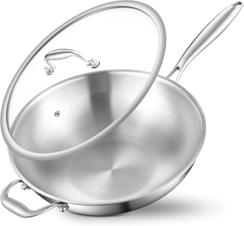 DELARLOCHEF Sartén wok sin revestimiento con tapa y asas: 3 capas de acero inoxidable wok 33 cm, libre de PFOA, PTFE, apta para horno hasta 400 °C