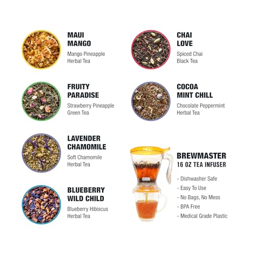 Image of Tiesta Tea Ultimate Live Loose Leaf Kit, Tea Starter Kit with High to Non-Caffeinated Blends, Hot & Iced Brews, Includes Black, Green, Herbal Sample Bags and 16oz Brewmaster Dispensing Infuser