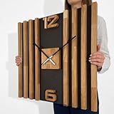 FLEXISTYLE Grande Horloge Murale carrée 60 cm Lamellas en Bois de chêne Silencieux pour Salon, Chambre à Coucher, Noir, XL