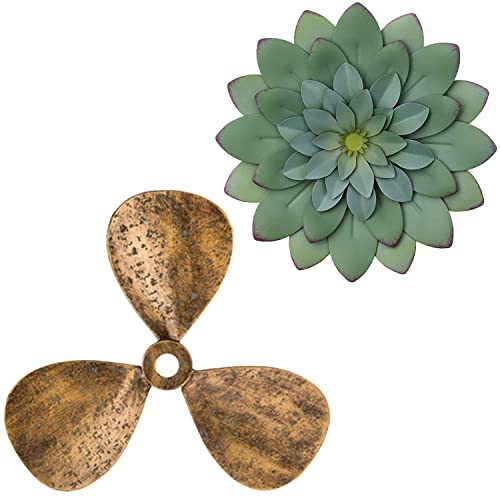 Everydecor Metal Nautical Ship Propeller - Vintage Wall Decor, 14" X 13,5" And 3D Metal Succulent Wall Decor - Green, 7,5" X 7,5", Bundle #TOP15
