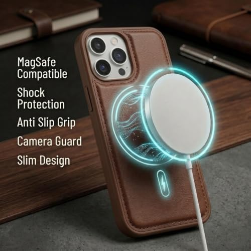 Image of amazon basics Premium PU Leather Case for iPhone 12 Pro Max, MagSafe Compatible Magnetic Ring, Sleek Protective Back Cover - [Brown]