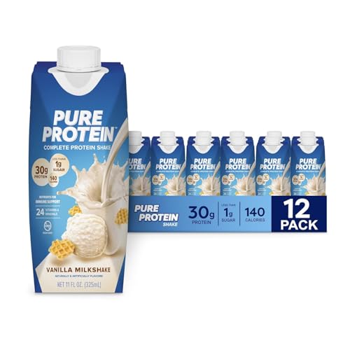 Pure Protein Batido de Alto Valor Biológico Bajo en Azúcar Apto Dietas Keto con Vitaminas Minerales Esenciales Sin Gluten para Entrenamiento - Batido de Vainilla - Paquete de 12 (200 caracteres)