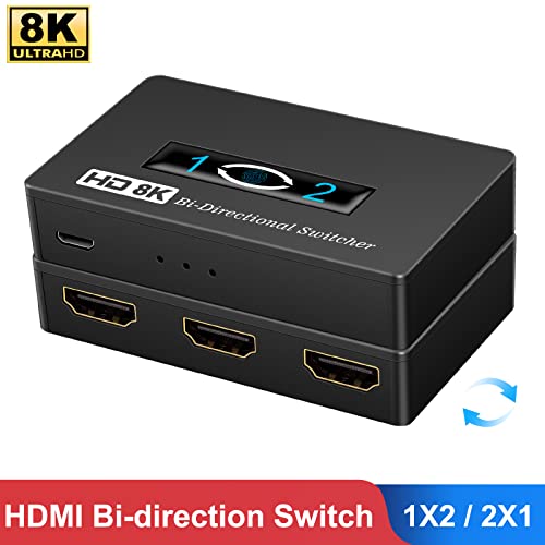 HDMI Switch 2x1 HDMI Splitter 8K/4K@60hz HDMI Switcher 2 in 1 Out HDMI Splitter 1 in 2 Out Bi-Directional Switch Support 3D Compatible for Xbox PS5/4/3 Blu-Ray Player Fire Stick Roku HDTV