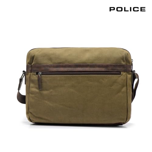 Image of Police Premium Messenger Bag for Men | Separate Laptop Compartment with Multiple Utility Pockets | Durable Canvas & Leather Trim | Adjustable Shoulder Strap | Olive Green