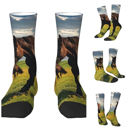 LZQPOEAS Grazing wild horses Athletic Socks Unisex Cushioned Crew Socks Hiking Running Calf Sock Soft Above Ankle Sock