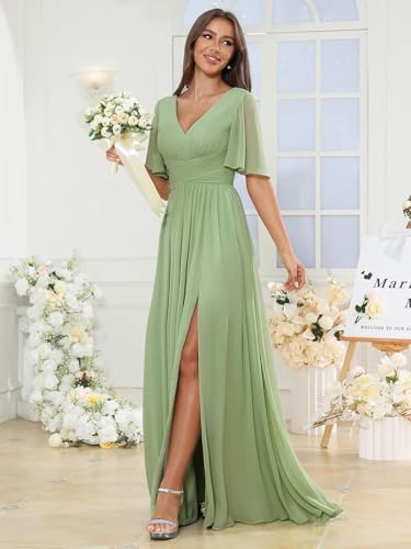 Xijun Women's Chiffon Flutter Sleeve Bridesmaid Dresses Long V Neck Formal Dress Evening Party Gown with Slit4