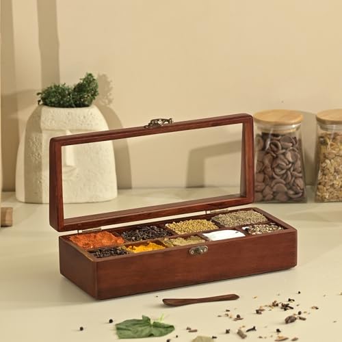 Image of Brick Brown Premium Handcrafted Wooden Prism Masala Box with Wooden Spoon | 9-Compartment Spice Box Organizer with Acrylic Lid | Masala Dani Namak Dani Dabba | Masala's Container Popula Dabba
