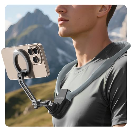 Magnetic Neck Mount for Phones,Neck Phone Holder for Recording,Hands Free POV/Vlog Cell Phone Holder for Phone Android GoPro DJI iPhone 16 15 14 13 12 Seires,Content Creator Essentials-Light Gray