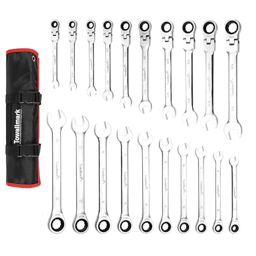 Towallmark Ratcheting Wrench Set 20pcs, Flex Head Wrench Set, Combination Wrench Set, SAE 1/4-3/4'& Metric 6-19mm, 72-Teeth,Cr-V Steel Ratchet Set with Storage Bag for motorcycle/car/mechanical etc.
