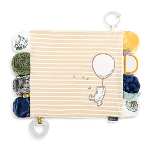 Image of DEMDACO Mommy & Me Neutral Color, 17 x 11.5 Inch Textured Fabric, Teething Ring, Stroller Clip-on, Activity Blanket, Blankie, Tan and White, Pooh Classic Yellow Bear