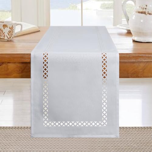 BAZIOE Moderne Chemin de Table Blanc 183*33 cm Lavable Lin Chemin de Table Design Ajouré Aspect Lin de Haute Qualité Idéal pour Décoration de Fête de...