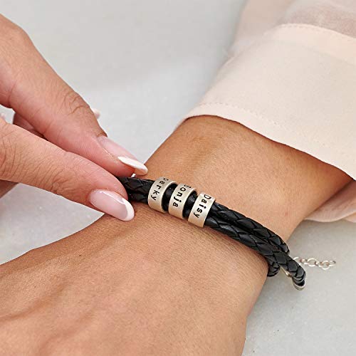 MYKA - Personalized Braided Black or Brown Leather Adjustable Bracelet with Engraved Beads for Women, Her, Mom, Girlfriend - 925 Sterling Silver, 18K Gold Plating, Vermeil - Dainty Custom Gift For Mother's Day, Christmas, Xmas, Birthday3