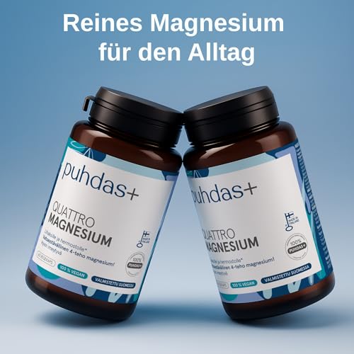 puhdas+ Quattro Magnesium | Hochdosiert | 60 vegane Kapseln | Magnesium-Komplex aus Magnesiumtaurat, Magnesiummalat, Magnesiumcitrat & Magnesiumhydroxid | Hergestellt in Finnland