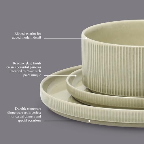 Image of Gibson Elite Solana Coast 12 Piece Stoneware Reactive Glaze (Service for 4) Ceramic Plates and Bowls Modern Shape Embossed Dinnerware Set - Green