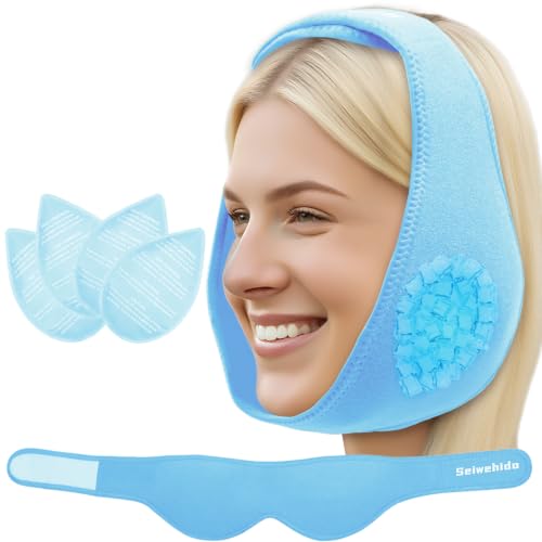 Image of Wisdom Teeth Ice Pack Head Wrap Jaw Face Ice Pack for Wisdom Teeth Extraction Toothache Pain Relief Face Oral Surgery with 4 Gel Packs for TMJ,Tonsillectomy Recovery, Cosmetic Procedure (Light Blue)