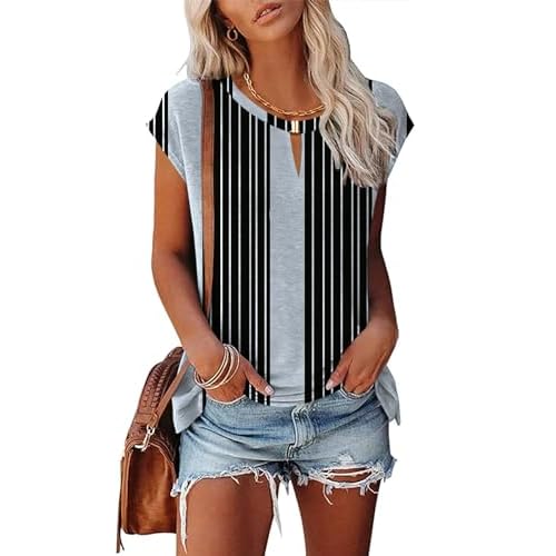 Kistore Women's Summer Casual V Neck Tank Tops Cap Sleeve Loose Fit Blouses Tunic Shirts C-gray Black Stripes Small