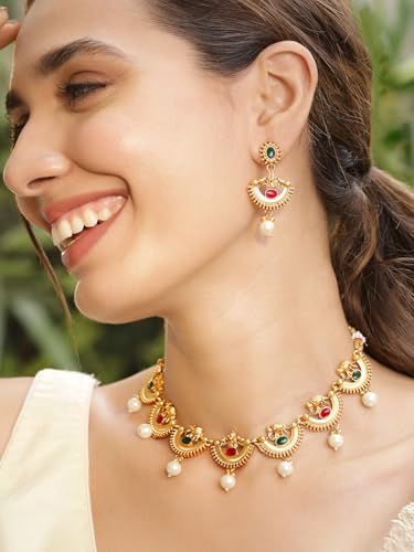 Image of Rubans Necklace Set Gold Plated Traditional Stylish Jewellery Gift for Women & Girls