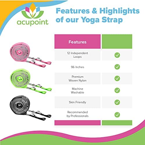 Acupoint Yoga Stretching Strap With Loops 12-Loop Exercise Strap for Physical Therapy, Flexibility, Pilates, Dance, Gymnastics, Recovery, Workout - Non-Elastic Premium-Woven Nylon Stretch Band