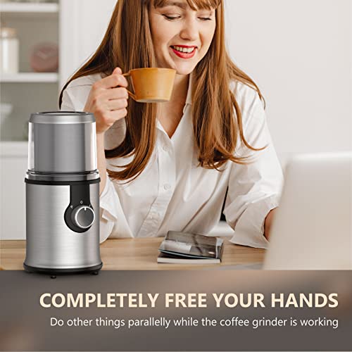 Electric Coffee Grinder With 1 Removable Cup, Adjustable Coffee Bean Grinder For Beans, Spice, Herb, Nut, Flax Seed, 300W Powerful Electric Spice Grinder With Non-Slip Feet, Clear Lid, Stainless Steel #TOP6