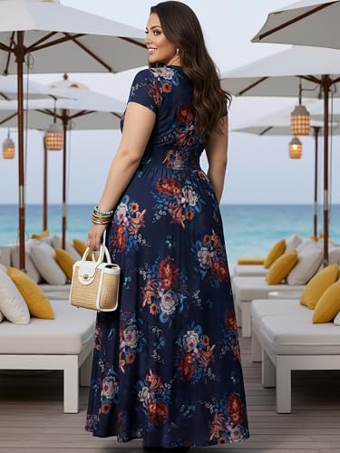 Image of KOH KOH Womens Short Cap Sleeve Summer Floral Print Long Casual Maxi Dress