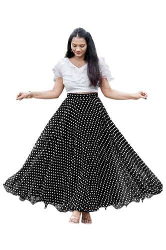 Image of Classic Flared Long Floor Length Georgette Skirt for Women /Girls and Lycra Crop-Top Set || Polka Dot Skirt || Elegent Design || Drawstring Band