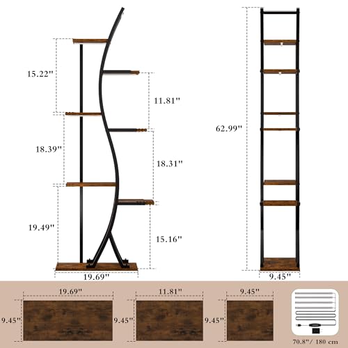 Image of MJOMKN 62 inch Plant Stand Indoor with Grow Lights - 7 Tiered Tall Metal Plant Shelf - Corner Wooden Plant Stand for Indoor Plants Multiple, Large S-Shape Flower Rack Holder for Living Room, Garden, Patio Decor