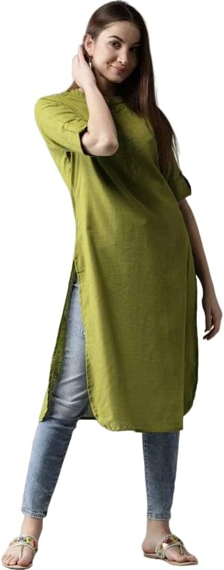 GenericWomen Self Design Cotton Blend Straight Kurta (Green)