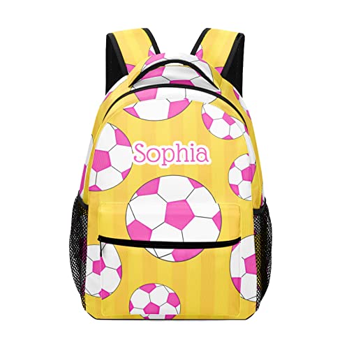 Pink Soccer Ball Yellow Stripes Personalized School Backpack Waterproof Schoolbag For Girls Boys Gift With Name #TOP25
