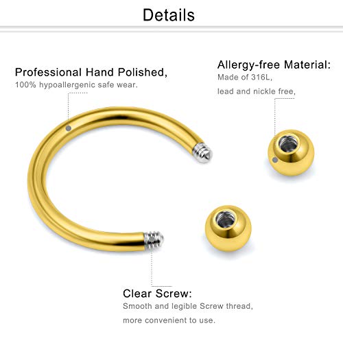 Dyknasz 16Pcs Surgical Steel Lip Rings Clear Diamond Cz Labret Studs Tragus Horseshoe Ring Helix Hoop Earring Body Jewelry Piercing Retainer For Women Men 16 Gauge 8Mm Gold-Tone #TOP1