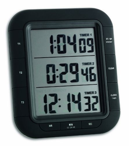 TFA Dostmann Triple XL, digitaler 3-fach Timer,38.2023, mit Uhrzeit, Memory-Funktion, mit Stoppuhr, Schwarz, L 103 x B 20 (61) x H 121 (103) mm