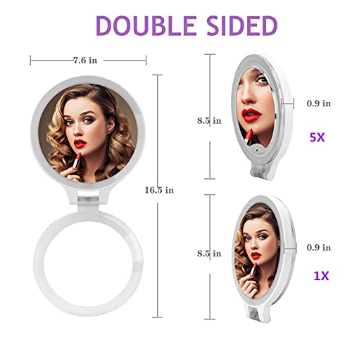 Deweisn Magnifying Mirror 5X/1X, Double Sided Tabletop Mirror With Adjustable Folding Handle, Cosmetic Mirror With Lights For Makeup/Travel,Tweezing-3 Colors Light #TOP1