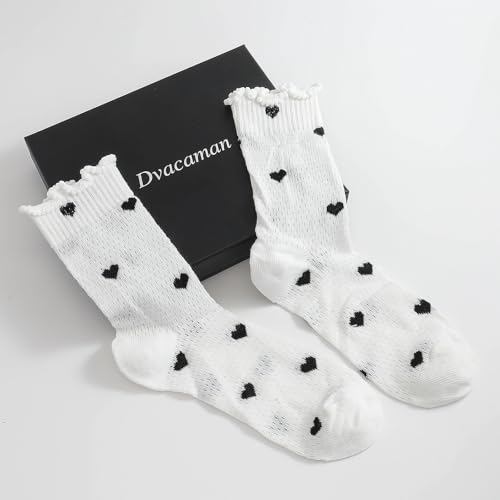 Women's Lace Heart Mesh Socks, Ruffle Top Mid-Calf Summer Sock, Breathable Cute Love Pattern Crew Socks for Casual Outfits3