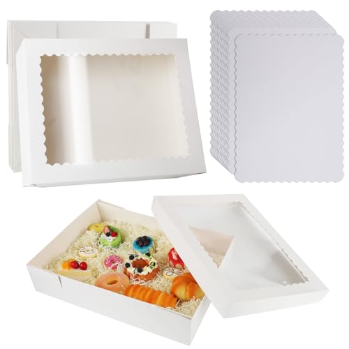 Anscher 12 Sets 14x10x4in White Bakery Boxes Half Sheet Cake Boxes with Board, Large Treat Boxes for Pastry Baking Cake Donuts Cupcake Pie Packaging