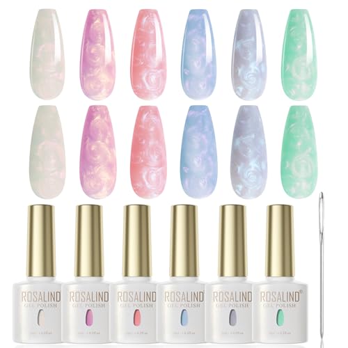 ROSALIND Esmaltes Semipermanentes para Uñas, 6 Colores Perlado Espiral Efecto Blanco Violeta Rosa Azul Verde Pintauñas UV Soak off Perla Gel Uñas Set para Manicura y Diseño de Uñas