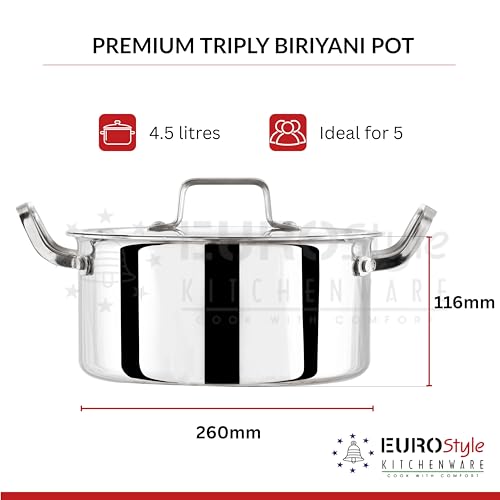 Image of EUROStyle 26CM Professional Stainless Steel Triply Biryani Pot with Lid, Heavy Duty, Deep Cooking Vessel, ISI Mark Certified, Ideal for Biryani, Curries & Dum Cooking - 4.5L (Ideal for 5 Persons)