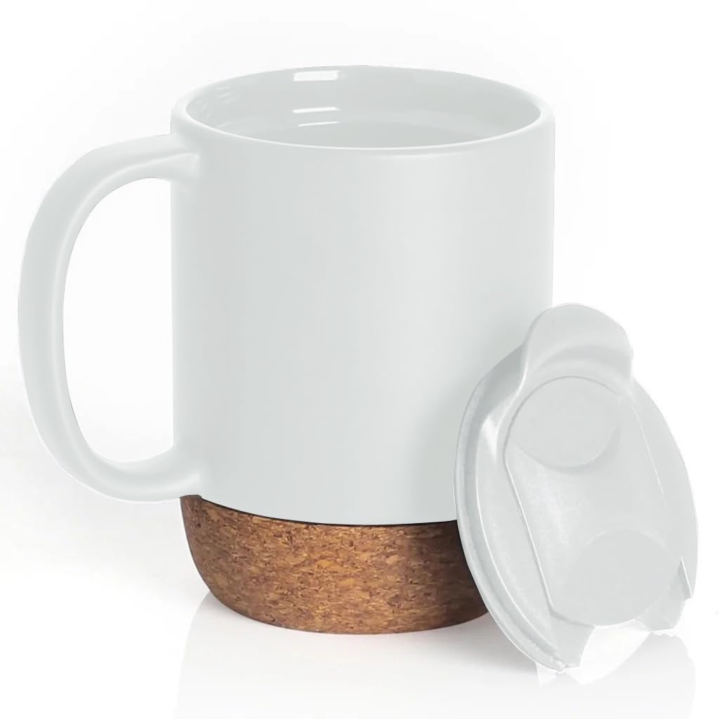 Reusable Ceramic Travel Mug with Handle and Lockable Lid & Heat Proof Cork Base, Spill Proof, Refrigerator Safe