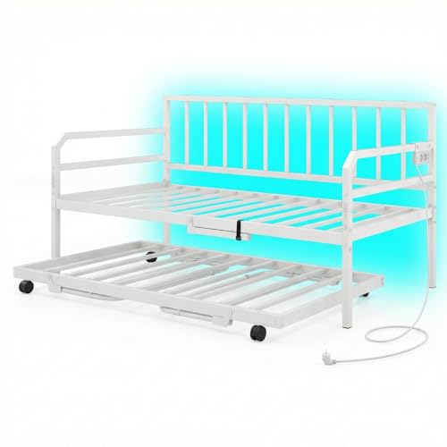 COSTWAY Canapé Lit 90 x200 /180 x 200 cm avec Éclairage LED, Lit Banquette Gigogne en Métal avec Multiprise et Prise USB, Lattes Résistantes, pour Salon, Chambre,...