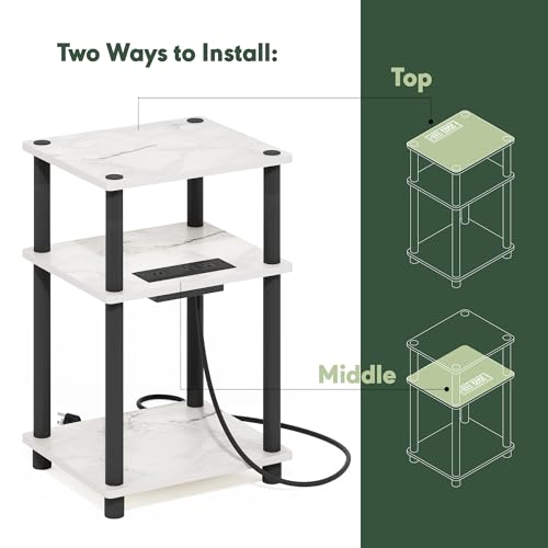 Image of Furinno Just 3-Tier Turn-N-Tube USB and Type-C Charging Port End Table with Open Storage, 11.42 (W) x 8.82 (H) x 6.77 (D) inches, Marble White /Black