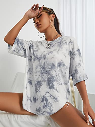 Cozyease Women's Graphic Print Half Sleeve Round Neck Casual Oversized T Shirt Top Grey Tie Dye S #TOP4