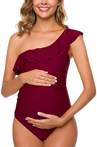 Tempotrek One Piece Maternity Swimsuits One Shoulder Bathing Suits Asymmetric Ruffle Flounce Monokini Swimwear Wine